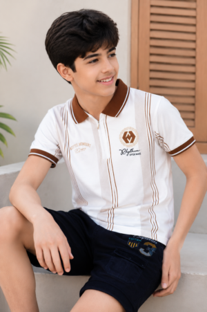 Boys' Premium White Striped Cotton Polo T-Shirt with Navy Blue Shorts Co-Ord Set | Stylish Casual Summer Outfit for Kids 9245-268-WHT RST-LN