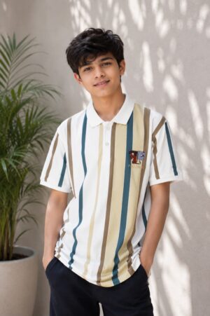 Boys White Multi-Stripe Polo Collar Cotton T-Shirt | Casual Half Sleeve Summer Tee 52538A-268-L.GRN-LI