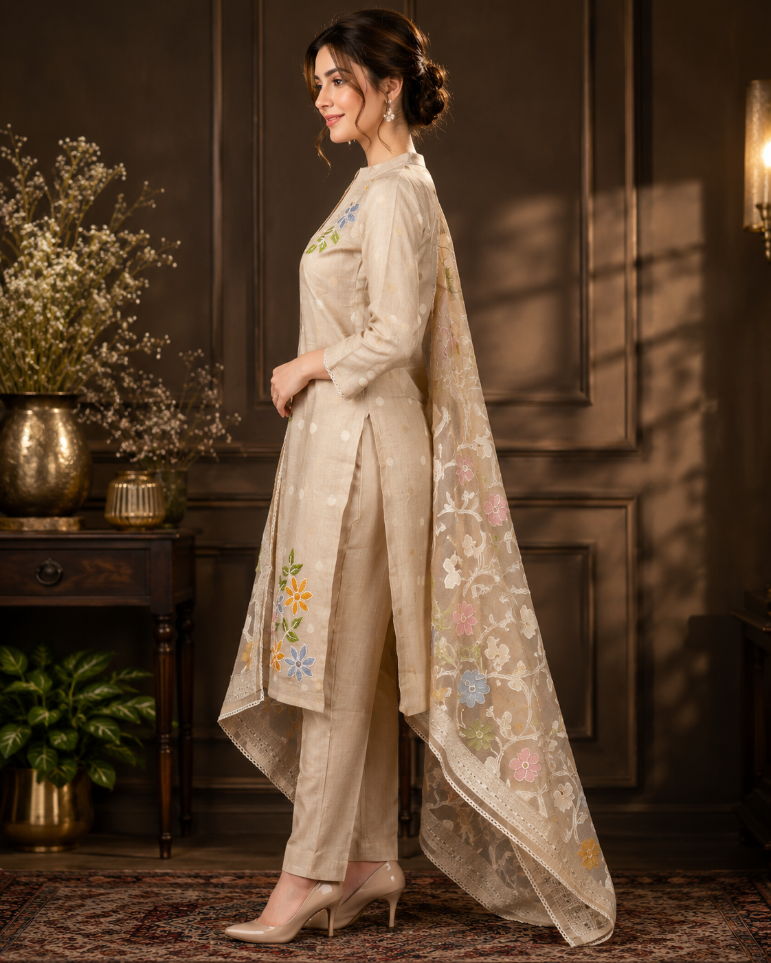 Women's Beige Embroidered Kurta Pant Dupatta Set | Floral Embroidery with Organza Dupatta | Elegant Ethnic Wear 36222FL-340-FWN - Image 2