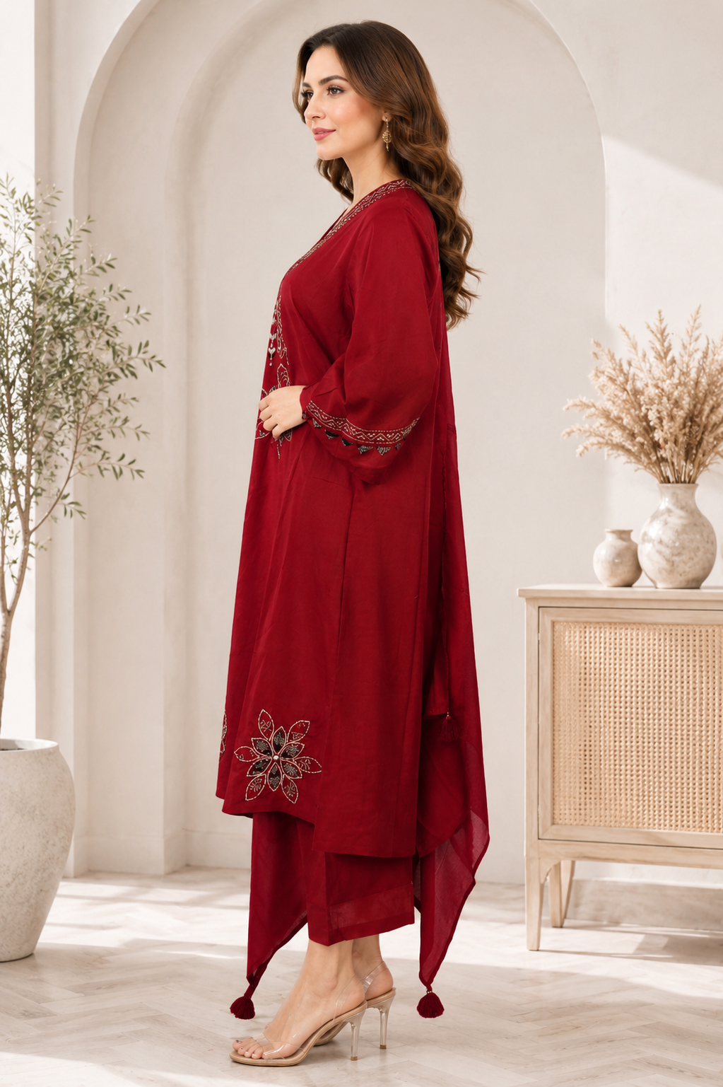 Women's Maroon Embroidered Kurta Pant Dupatta Set | Elegant Ethnic Suit | Festive, Wedding & Party Wear 866PL-449-RST - Image 2