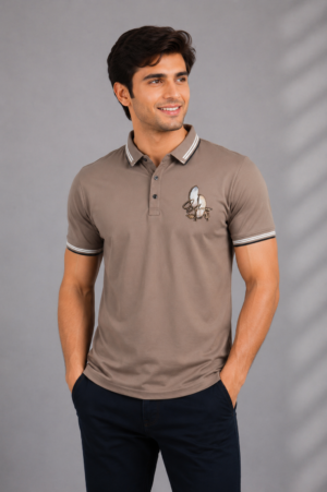 Men's Taupe Polo T-Shirt with Embroidered Chest Logo | Premium Cotton Short Sleeve Polo 33901-268-BEG