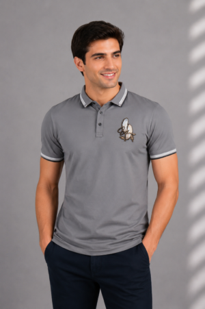 Men's Grey Polo T-Shirt with Embroidered Chest Logo | Premium Cotton Short Sleeve Polo 33901-268-GRY