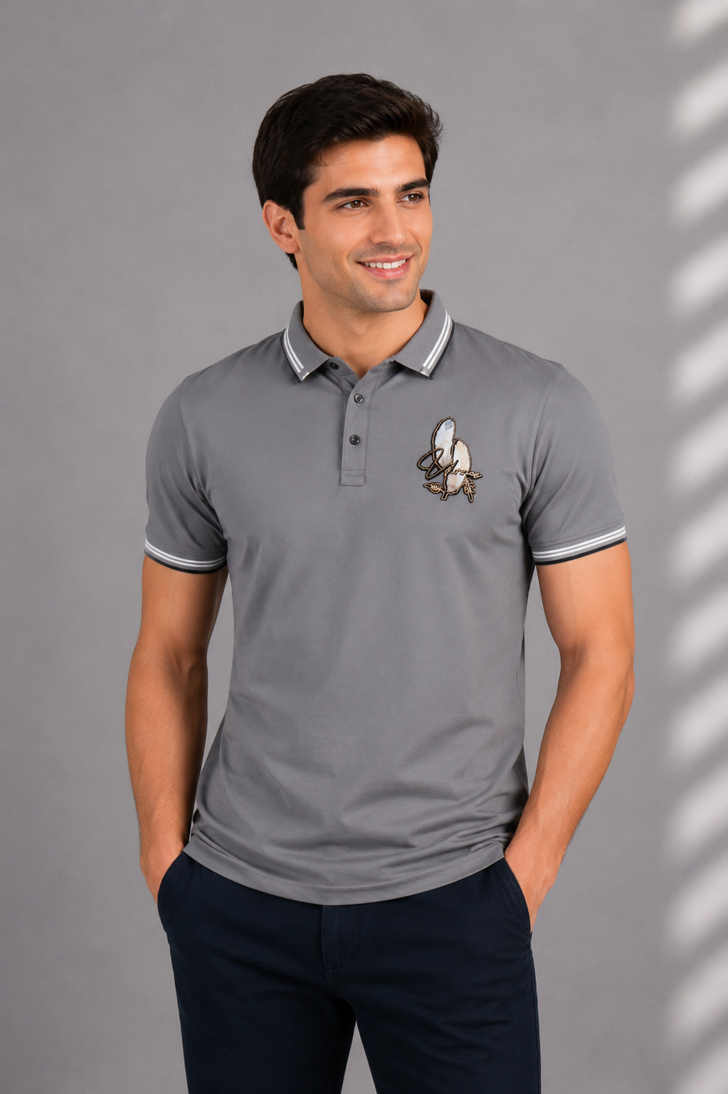 Men's Grey Polo T-Shirt with Embroidered Chest Logo | Premium Cotton Short Sleeve Polo 33901-268-GRY