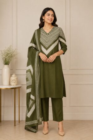 Women's Olive Green Printed Kurta Pant Dupatta Set | Elegant Ethnic Suit | Straight Fit | Festive, Office & Casual Wear K3590PR-449-D GRN