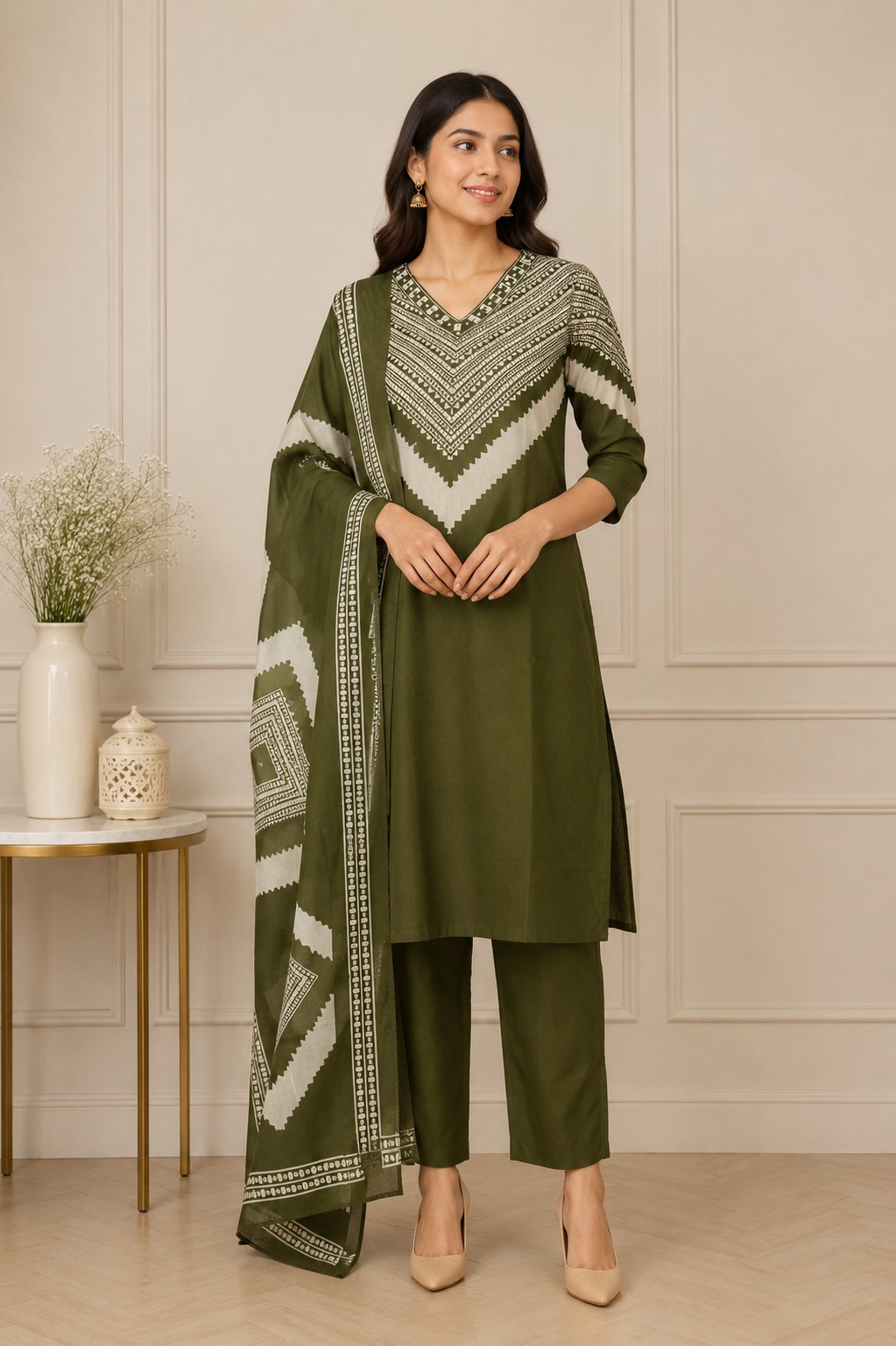 Women's Olive Green Printed Kurta Pant Dupatta Set | Elegant Ethnic Suit | Straight Fit | Festive, Office & Casual Wear K3590PR-449-D GRN