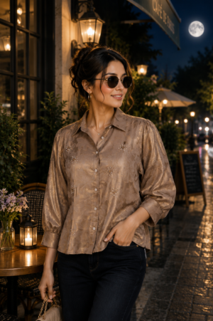 Women's Taupe Satin Button-Down Shirt | Collared Neck | Full Sleeves | Relaxed Fit | Casual, Office & Party Wear 3530-214-DFWN GLDN-PT