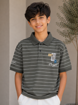Boys' Premium Charcoal Grey Cotton Striped Polo T-Shirt with White Trousers Co-Ord Set | Stylish Casual Summer Outfit for Kids 6527-268-GRN-LN