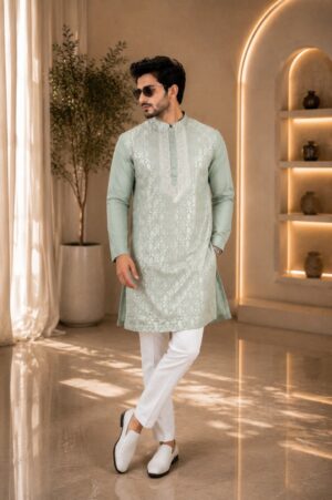 Men's Mint Green Embroidered Kurta with White Pajama | Premium Festive & Wedding Ethnic Wear 1903-437-GRN-EMB