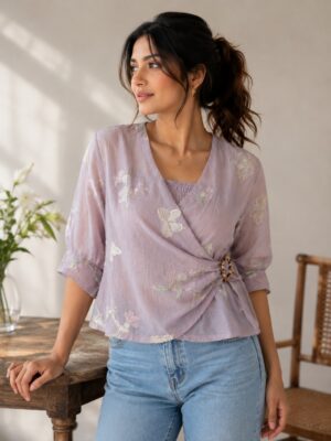 Women's Lavender Floral Wrap Style V-Neck Top | 3/4 Sleeve Casual Western Wear M29-406-ONN-EM