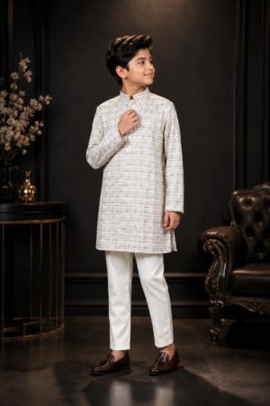 Boys Off-White Printed Cotton Kurta with White Pajama Set | Festive Ethnic Wear 4078-248-W.MLT-SP