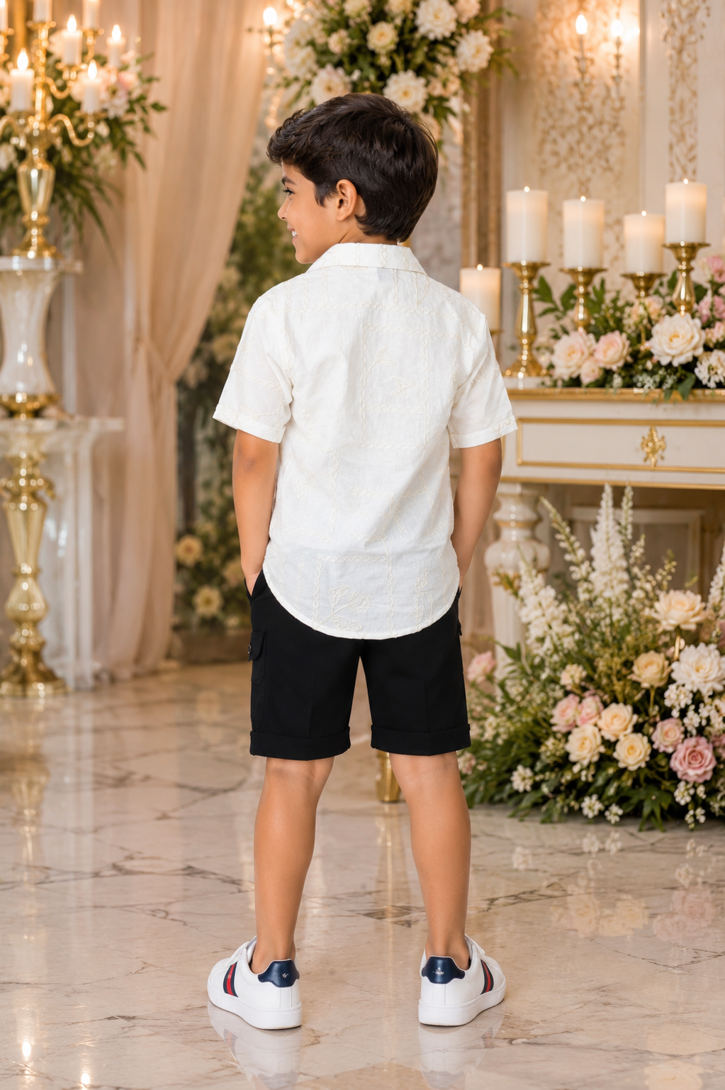 Boys White Cotton Shirt, Graphic Print T-Shirt & Black Shorts 3-Piece Set | Soft & Breathable Casual Summer Wear 1619-268-WHT BLK-PR - Image 2