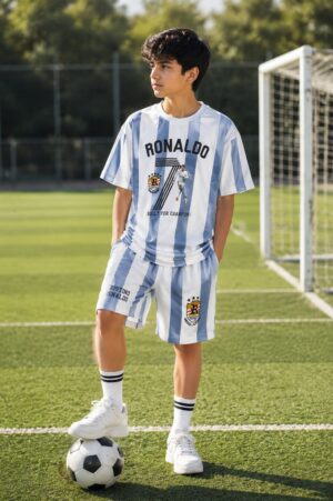 Boys Blue & White Striped Football Jersey & Shorts Set | Half Sleeve Kids Sports Wear 13094LN-268-BLU