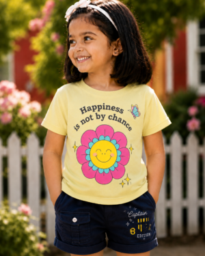 Girls Yellow "Happiness Is Not by Chance" Printed Cotton T-Shirt | Casual Half Sleeve Graphic Tee 062-268-YLW-PT