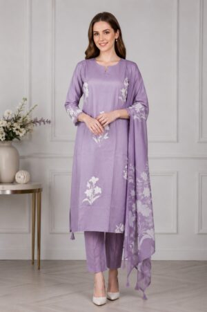 Women's Lavender Floral Printed Kurta Pant Dupatta Set | Elegant Ethnic Suit | Straight Fit | Festive, Office & Casual Wear 2829FL-449-LAV