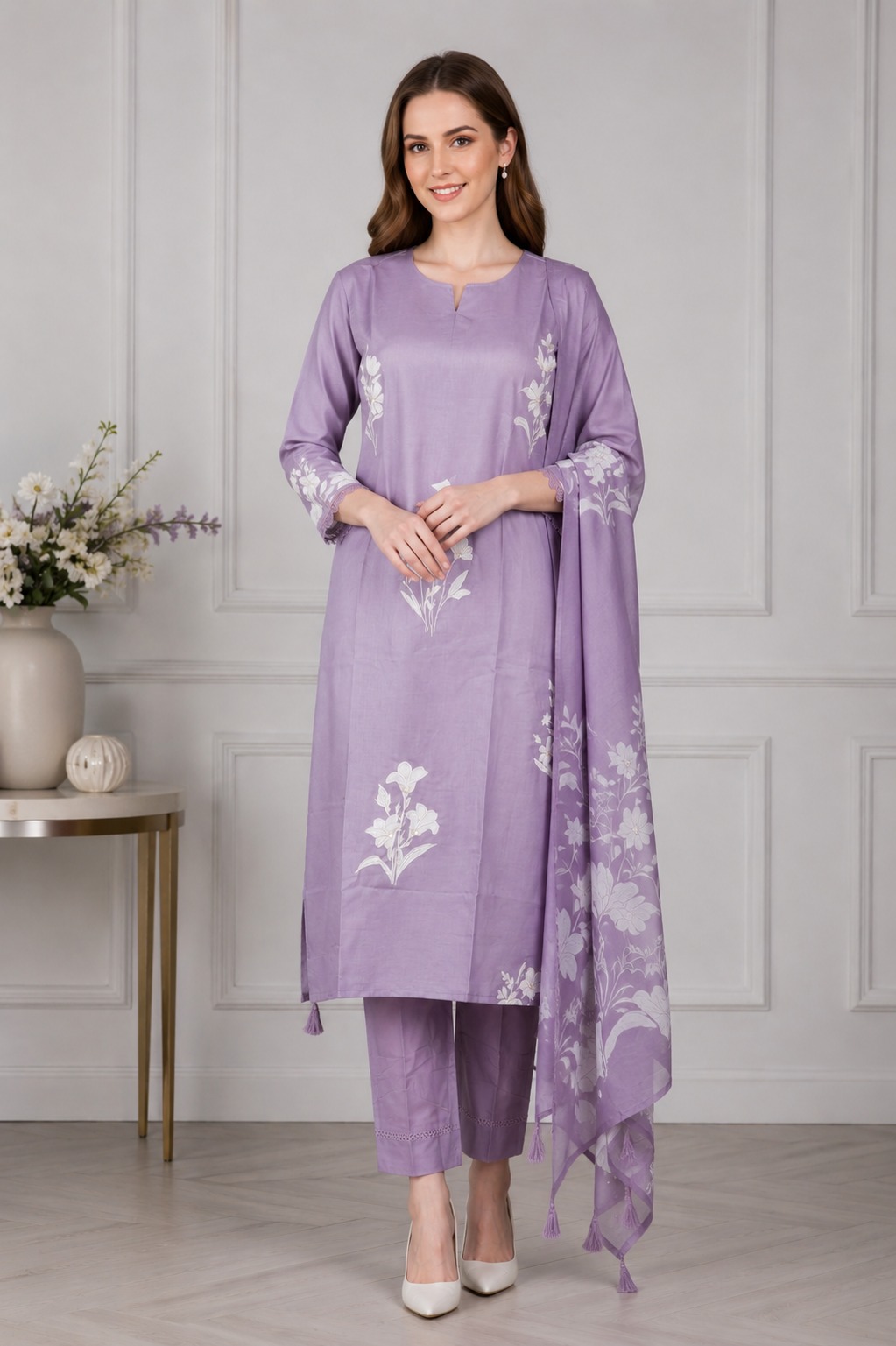 Women's Lavender Floral Printed Kurta Pant Dupatta Set | Elegant Ethnic Suit | Straight Fit | Festive, Office & Casual Wear 2829FL-449-LAV