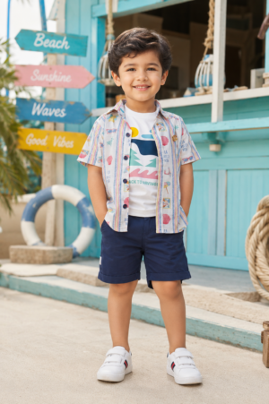 Boys Multicolor Printed Cotton Shirt, Graphic T-Shirt & Navy Shorts 3-Piece Set | Soft & Breathable Casual Summer Wear 464-41-WHT MLT NVY-PR