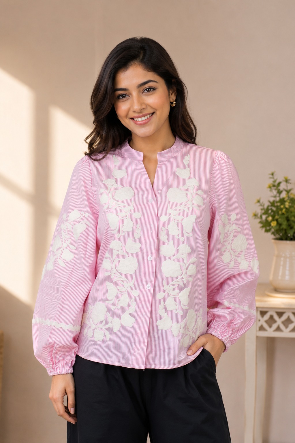 Women's Pink Floral Embroidered Mandarin Collar Shirt | Full Sleeve Casual & Office Wear 3401-24-PNK WHT-EM
