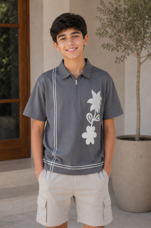 Boys Charcoal Grey Floral Print Polo Collar Cotton T-Shirt | Casual Half Sleeve Summer Tee 6521-268-DGRY-PR