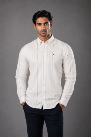 Men's Off-White Textured Full Sleeve Casual Shirt | Slim Fit | Button-Down | Premium Cotton Blend | Office & Casual Wear 6042-47-OW LNN