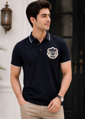 Men's Navy Blue Solid Polo T-Shirt with Chest Logo | Premium Cotton Blend Half Sleeve Collared Regular Fit Casual Wear 2997PT-362-NVY