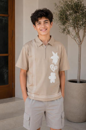 Boys Beige Floral Print Polo Collar Cotton T-Shirt | Casual Half Sleeve Summer Tee 6521-268-FWN-PR