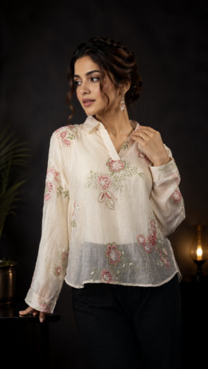 Women's Off White Floral Embroidered Button-Down Shirt | Full Sleeve Casual & Office Wear M42-406-OWT-EMB