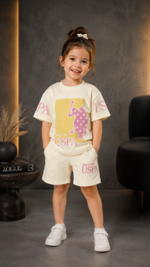Girls Off-White Graphic Print Cotton Co-Ord Set | Half Sleeve T-Shirt & Shorts Casual Summer Outfit 1010PT-268-LMN PNK