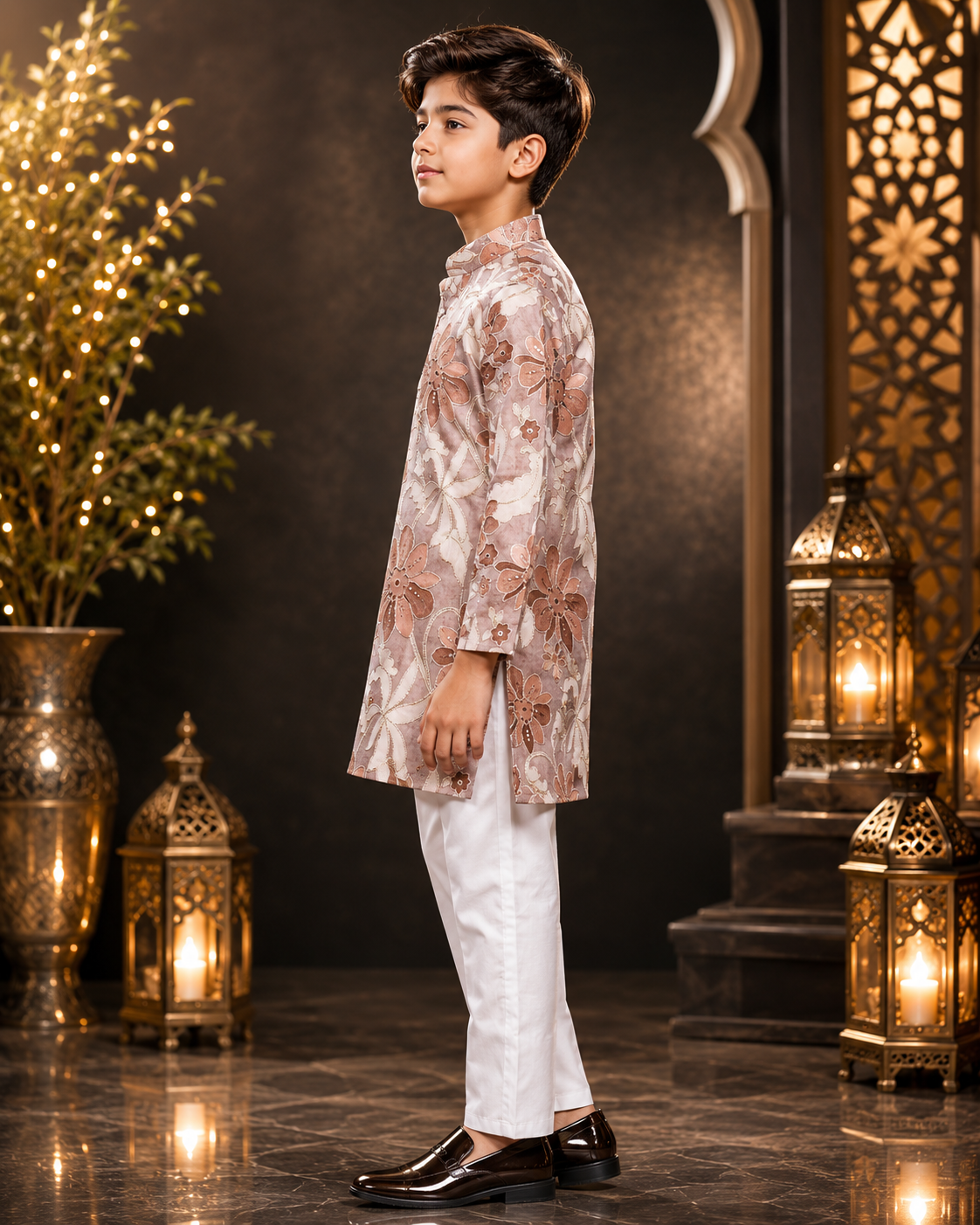 Boys Peach Floral Printed Cotton Kurta with White Pajama Set | Festive Ethnic Wear 445-366-COF-PR - Image 2