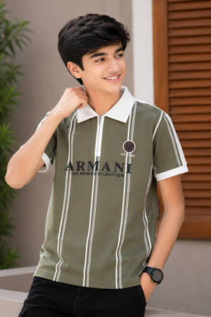 Boys Olive Green Striped Polo Collar Cotton T-Shirt | Casual Half Sleeve Summer Tee 52601-020-GRN-LI