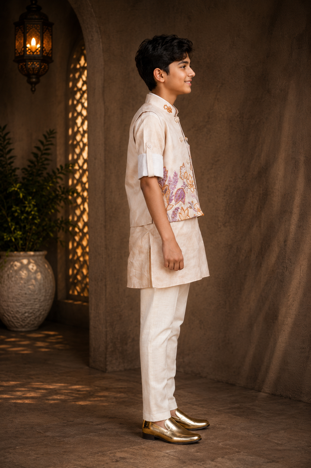 Boys Cream Kurta Pajama Set with Floral Printed Nehru Jacket | Premium Festive Ethnic Wear 2648-366-FWN-PR - Image 2