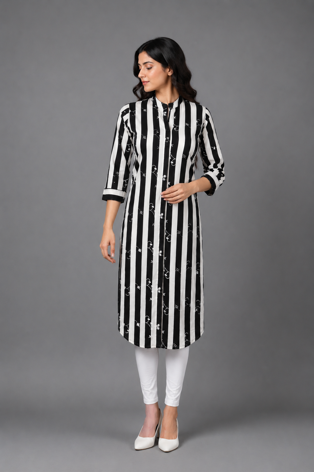 Women's Black & White Striped Cotton Straight Kurti | Mandarin Collar | Front Button Design | 3/4 Sleeves | Casual, Office & Daily Wear 46-24-NVY-PR