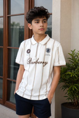 Boys White Striped Polo T-Shirt | Casual Half Sleeve Cotton Tee  52621-020-FWN-LI