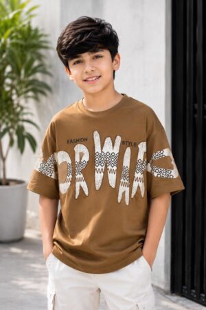 Boys Brown Graphic Print Oversized Cotton T-Shirt | Casual Half Sleeve Summer Tee 51010-268-BRN-PR