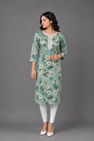 Women's Sage Green Floral Printed Straight Kurta | 3/4 Sleeves | Regular Fit | Casual, Office & Daily Wear 48-24-CGN-PR