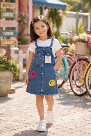 Girls Blue Denim Pinafore Dress with White Cotton T-Shirt | Casual Everyday Wear | Stylish Kids Outfit 4854-268-DNM WHT-PT