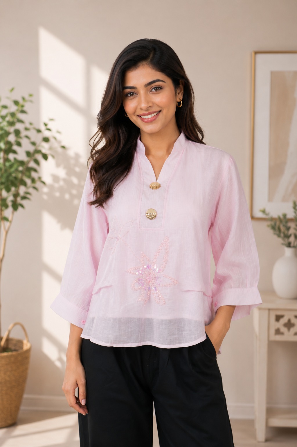 Women's Baby Pink Embroidered Mandarin Collar Top | 3/4 Sleeve Casual & Office Wear 5238-23-PNK-PT