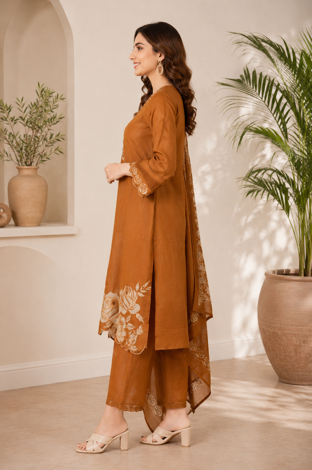 Women's Mustard Brown Floral Printed Kurta Pant Dupatta Set | Elegant Ethnic Suit | Straight Fit | Festive, Office & Casual Wear LA778FL-449-MST - Image 2