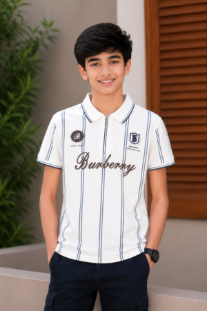 Boys White Striped Polo Collar Cotton T-Shirt | Casual Half Sleeve Summer Tee 52621-020-BLU-LI