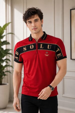 Men's Red Colorblock Zip Neck Polo T-Shirt | Premium Cotton Blend Half Sleeve Casual Collar Tee | Regular Fit Smart Casual Wear 14179LT-338-RED