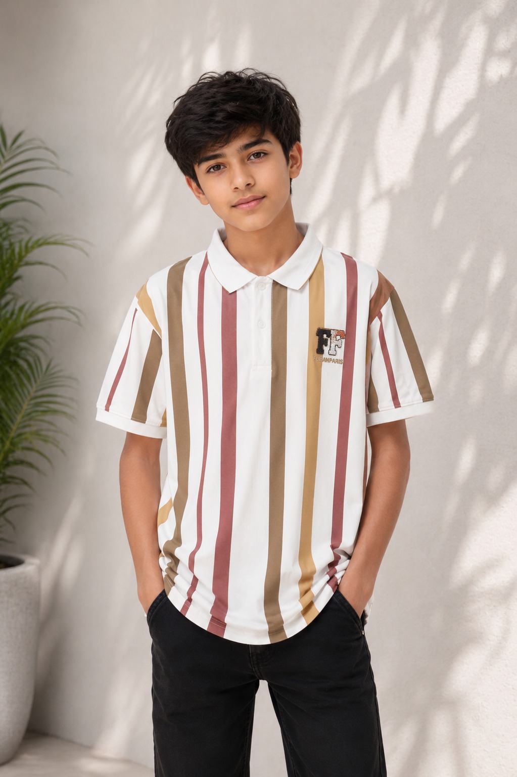 Boys White Multi-Stripe Polo Collar Cotton T-Shirt | Casual Half Sleeve Summer Tee 52538A-268-RST-LI