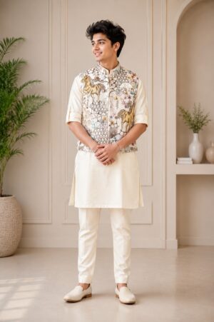 Boys Cream Kurta Pajama Set with Printed Nehru Jacket | Premium Festive Ethnic Wear  2522-366-FWN-PR