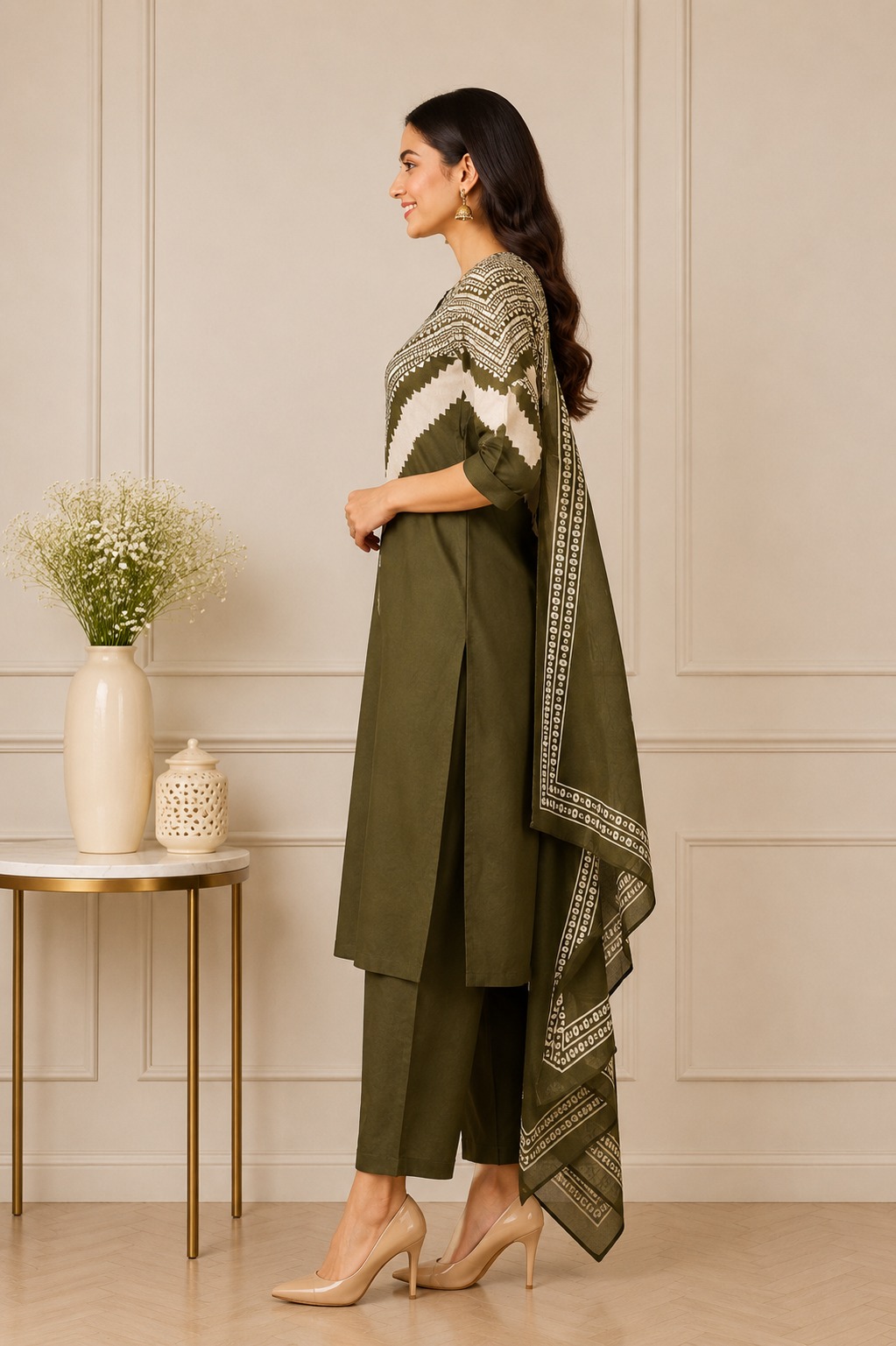 Women's Olive Green Printed Kurta Pant Dupatta Set | Elegant Ethnic Suit | Straight Fit | Festive, Office & Casual Wear K3590PR-449-D GRN - Image 2