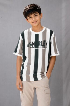 Boys White & Olive Green Vertical Striped Oversized Cotton T-Shirt | Casual Half Sleeve Graphic Tee 52227-268-GRN-LI
