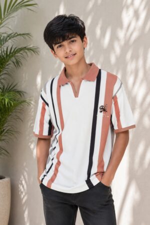 Boys White Multi-Stripe Mandarin Collar Cotton T-Shirt | Casual Half Sleeve Summer Tee 52276-268-BLK-LN