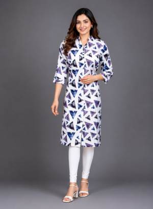 Women's White & Blue Geometric Printed Straight Kurta | 3/4 Sleeves | Regular Fit | Casual, Office & Daily Wear 51-24-WHT PPL-PR