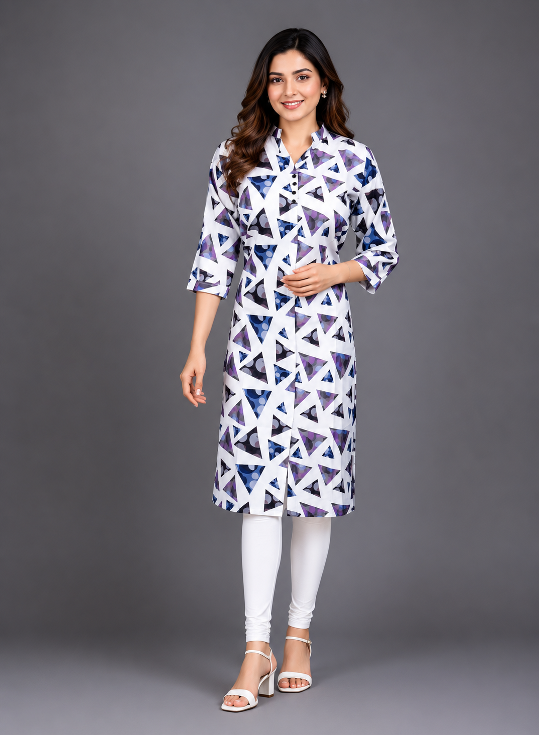 Women's White & Blue Geometric Printed Straight Kurta | 3/4 Sleeves | Regular Fit | Casual, Office & Daily Wear 51-24-WHT PPL-PR