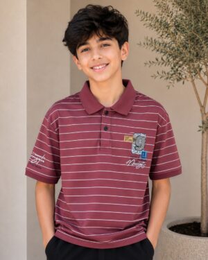 Boys' Premium Maroon Cotton Striped Polo T-Shirt with Black Shorts Co-Ord Set | Stylish Casual Summer Outfit for Kids 6527-268-DON-LN