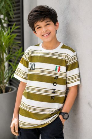 Boys Olive Green & White Striped Oversized Cotton T-Shirt | Casual Half Sleeve Graphic Tee 52203-49-MHD-LI