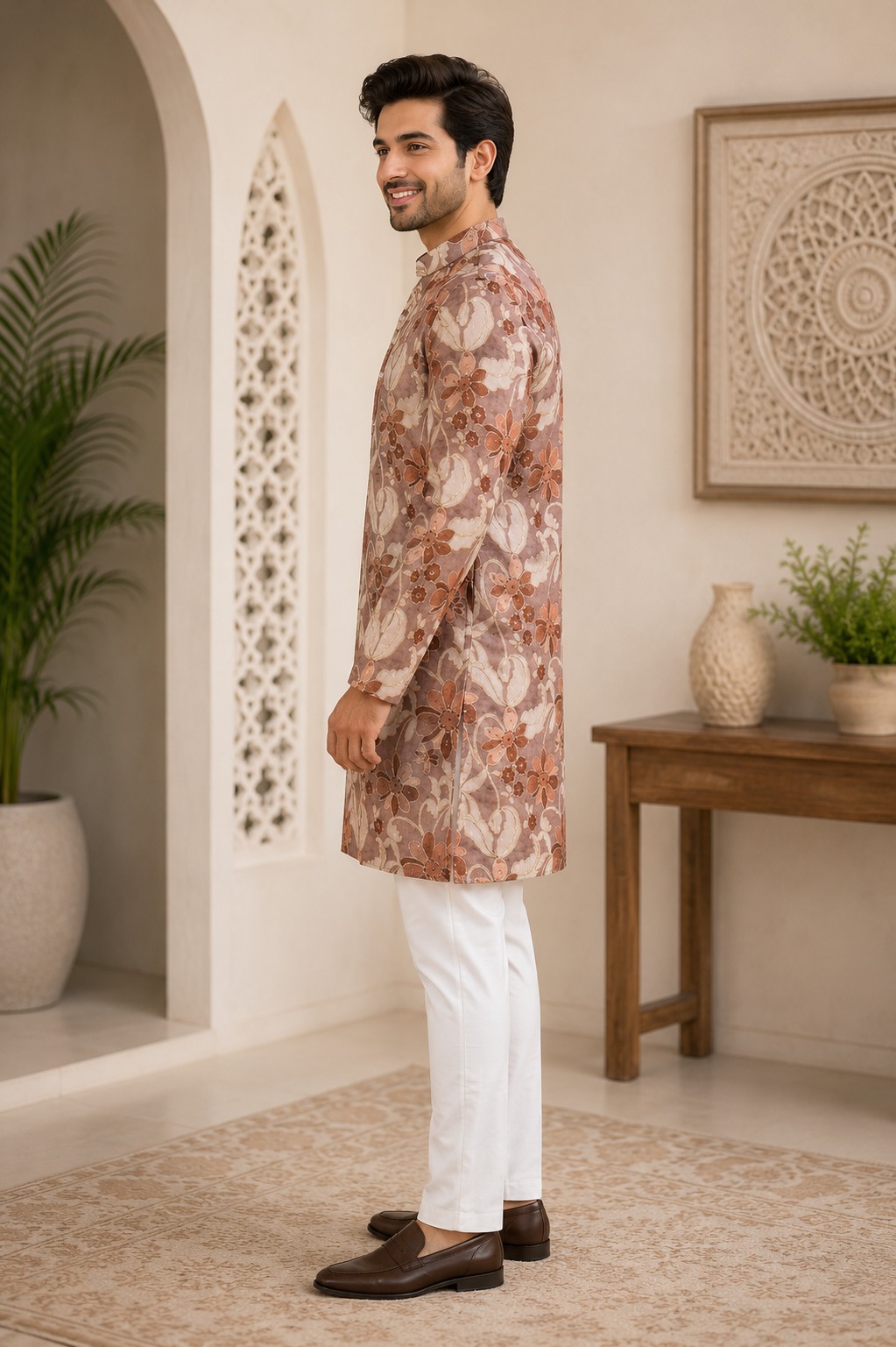 Men's Beige Floral Printed Kurta with White Pajama | Premium Festive Ethnic Wear 445A-366-CFE-PR - Image 2