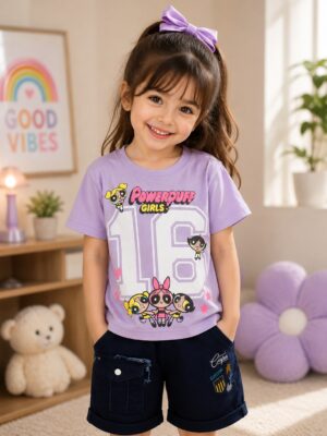 Girls Powerpuff Girls Printed Lavender Cotton T-Shirt | Casual Half Sleeve Tee 066-268-LAV-PT